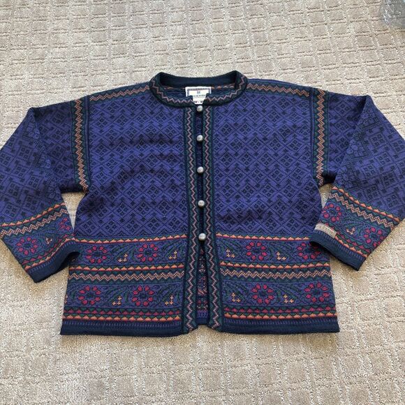 Dale Of Norway Wool Cardigan Sweater Women L Purple Black VTG Nordic Fair Isle - Picture 1 of 10